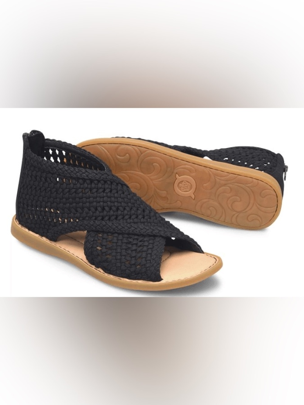 Born Women's Iwa Mac Black Knit crochet Fabric Sandals woven macramé 7 leather